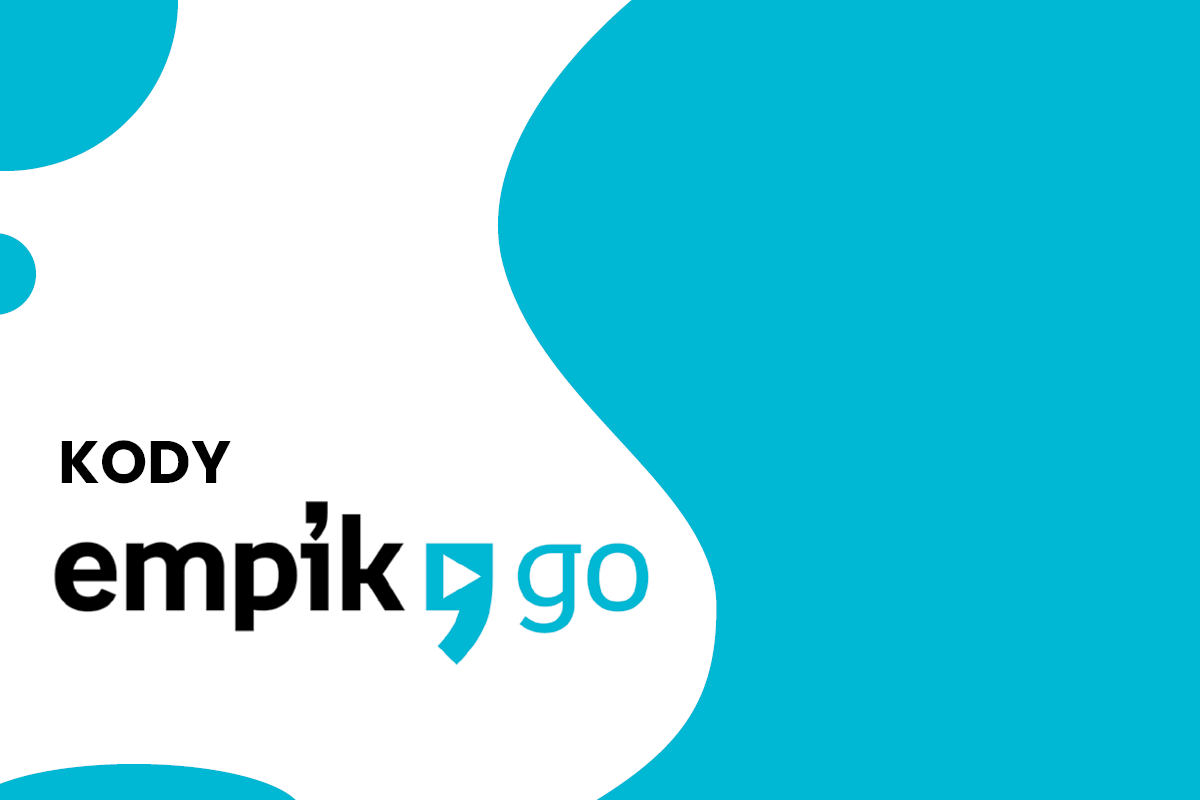 Grafika promocyjna w kolorach białym i turkusowym z napisem „Kody Empik Go”. Logo przedstawia czarny napis „empik”, a zamiast kropki nad literą „i” widnieje mały turkusowy element graficzny przypominający odwrócony przecinek połączony z ikoną odtwarzania. Obok w turkusowym kolorze napis „go”. Nad logo znajduje się czarne słowo „KODY”. Grafika prawdopodobnie informuje o dostępie do kodów umożliwiających korzystanie z aplikacji Empik Go, która oferuje e-booki, audiobooki i podcasty.